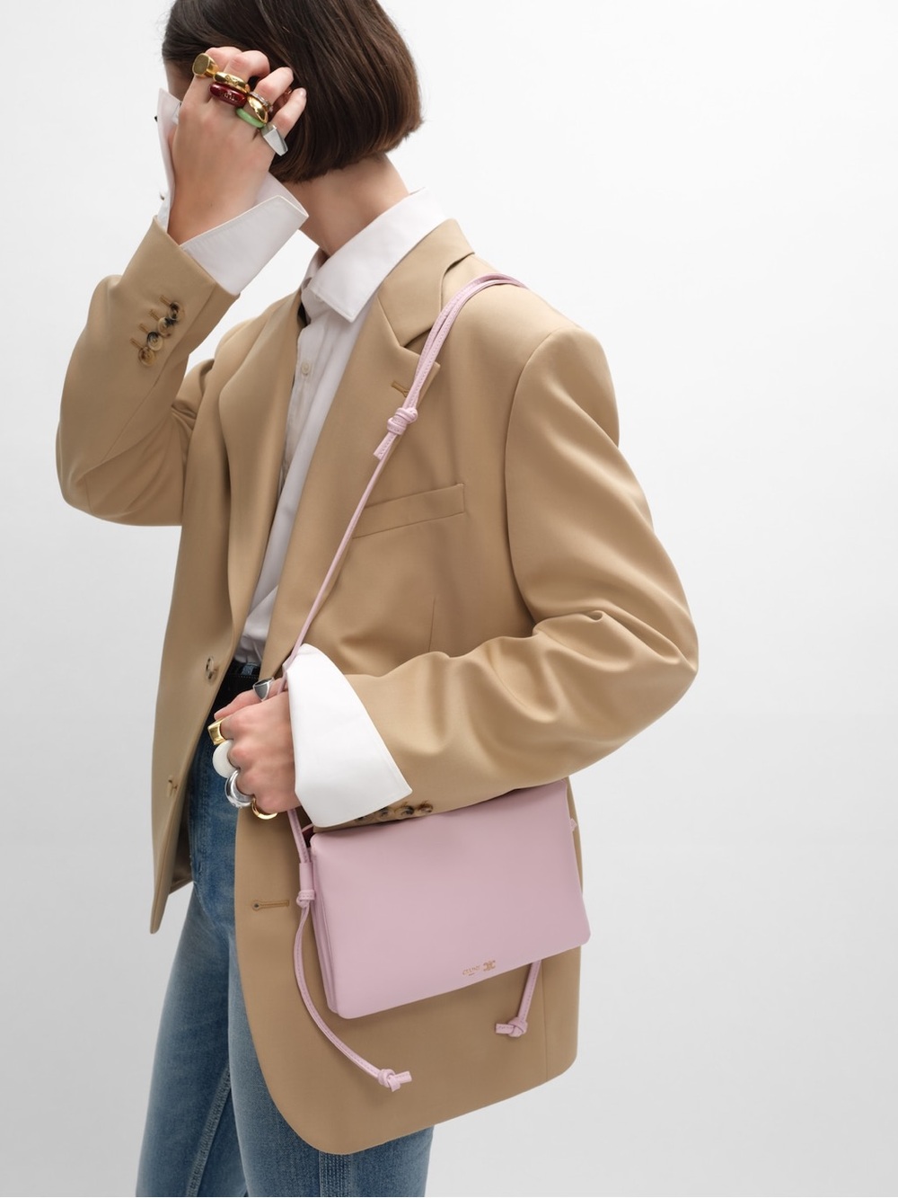 Celine New Trio Blush Pink Leather Crossbody Bag with Gold Logo - Picture 3 of 9